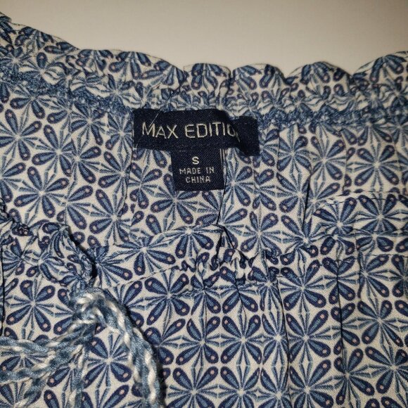 Max Edition Women Blouse Blue White Geometric Long Sleeve Peasant Top Size Small - Picture 3 of 14